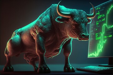 Cheering angry powerful Bull trading at computer as a concept of bullish / optimistic mindset in relation to stock prices or crypto prices in 8K created with generative ai technology