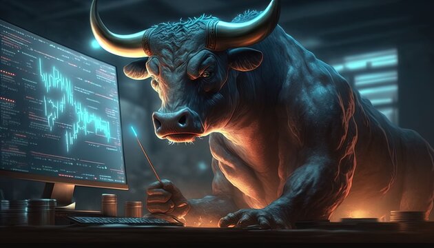 Cheering angry powerful Bull trading at computer as a concept of bullish / optimistic mindset in relation to stock prices or crypto prices in 8K created with generative ai technology