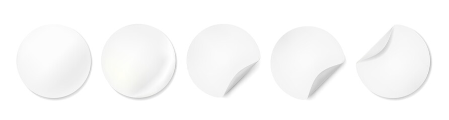 Stock Vector-Set of Round Paper Sticker Mockup with Curved Corner and Shadow.White Round Sticker Template with Shadow and Curved Edge.Realistic Adhesive Paper Sticker Mockup with Curved Corner