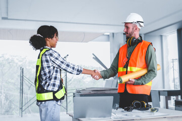 Group of multi ethnic engineer construction site worker meeting at workplace, Architects working...