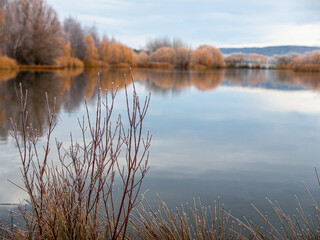 Kelland's Pond in Winter under frost on the Twizel-Omarama Road near Glenbrook, Canterbury, South Island, New Zealand.