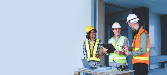 Group of multi ethnic engineer construction site worker meeting at workplace, Architects working...