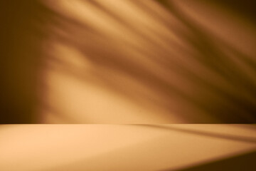 Table and brown wall with abstract shadows. 