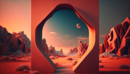 3d render, abstract background with geometric shape portal and surreal landscape with red mountains. Fantastic wallpaper