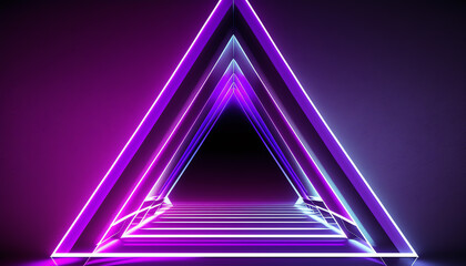 Fototapeta premium 3d render, neon lights, abstract background, glowing lines, virtual reality, violet triangular arch, ultraviolet, infrared, spectrum vibrant colors, laser show