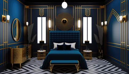 An Art Deco interior design bedroom with geometric patterns and bold colors. The walls are painted in a deep shade of blue, complementing the gold ,black furniture. The lighting is dim, generative ai