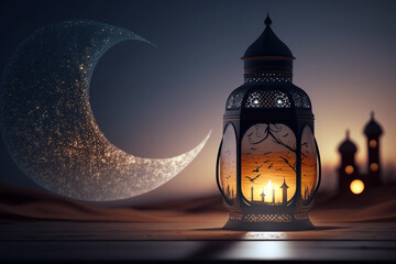 Arabic lantern with burning candle on wooden table on the night with moon on the background. Generative AI illustration