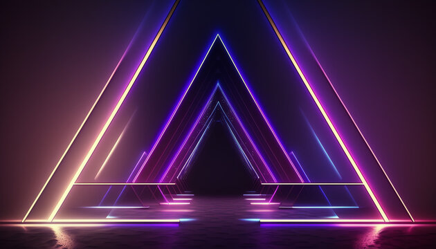 3d render, neon lights, abstract background, glowing lines, virtual reality, violet triangular arch, ultraviolet, infrared, spectrum vibrant colors, laser show © Damien
