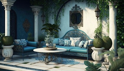 A Mediterranean style outdoor living area with a beautiful swimming pool, surrounded by lush greenery. The furniture is made of wrought iron and is in shades of blue and white, generative ai