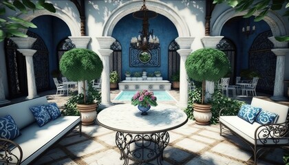 Fototapeta premium A Mediterranean style outdoor living area with a beautiful swimming pool, surrounded by lush greenery. The furniture is made of wrought iron and is in shades of blue and white, generative ai