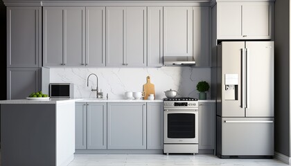A minimalist kitchen with modern appliances and white marble countertops. The cabinets are sleek and simple, painted in a light shade of grey. The overall atmosphere is clean, bright. generative ai
