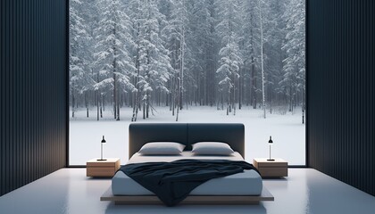 A minimalist bedroom with a platform bed and sleek nightstands, set up in the middle of a snowy forest. HD, realistic, natural lighting type. generative ai


