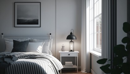 A minimalistic bedroom with a white bed, a gray and white striped duvet cover, and a black bedside table. The walls are painted a pale gray, and the room has large windows generative ai