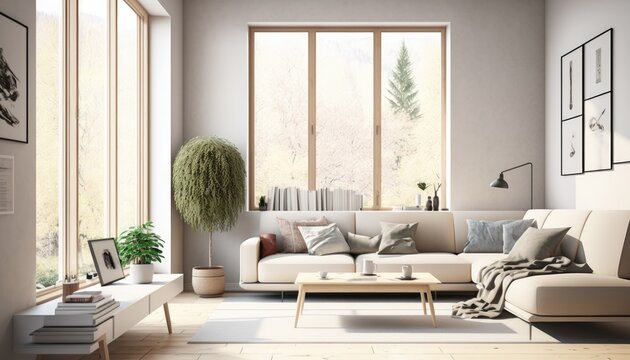 A contemporary living room with a minimalist design. The walls are painted in a light shade of beige, complementing the neutral color palette of the furniture. The large windows generative ai