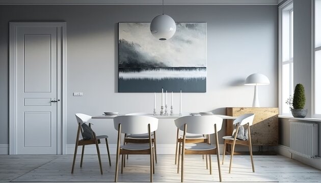 A minimalist style dining room with a simple wooden table and white chairs. The walls are painted in a soft grey color and there is a large abstract painting on one of the walls. generative ai