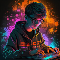Geek character, computer, technology, generative AI