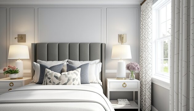 A transitional bedroom with a gray upholstered headboard, a white bedside table, and a mix of patterned pillows. The walls are painted a pale gray, and there are white curtains generative ai