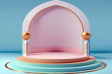 Empty podium stage mock-up for product display with islamic architecture style on soft pastel color. Generative AI illustration