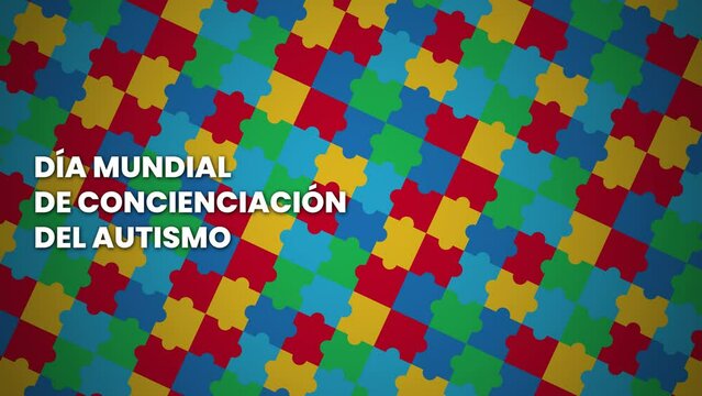 D&iacute;a Mundial de Concienciaci&oacute;n del Autismo con fondo de rompecabezas de colores, con titulo cargado a la izquierda.