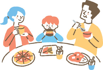 フードコートで食事をする3人家族_色