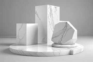 Illustration of a 3D render of white pieces of stone slabs forming a product podium created with Generative AI technology.