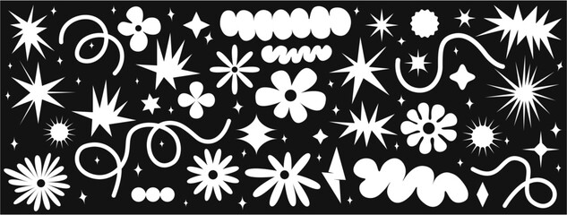 Set brutalist abstract shapes, sticker pack. Contemporary figure spiral, flowers, star, lines. Vector illustration with trendy elements in black and white.. Monochromatic design	