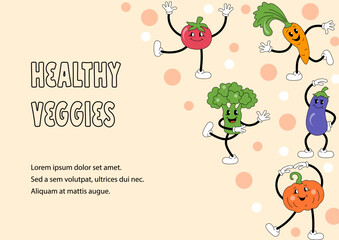Template with vegetables are doing exercise or dancing for party invitation, healthy lifestyle poster, fitness event. Retro cartoon characters design. Vector illustration.