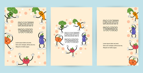 Templates with vegetables are doing exercise or dancing for party invitation, healthy lifestyle poster, fitness event. Retro cartoon characters design. Vector illustration.