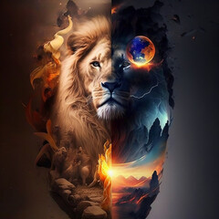 Eternal Majesty: The Lion's Essence Between Fire and Fantasy