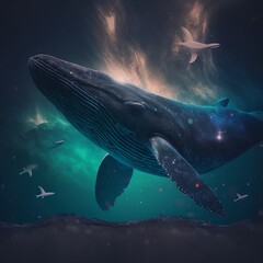 Naklejka premium Whale. Whale on the background of space. Outer space with a whale. Generative AI.