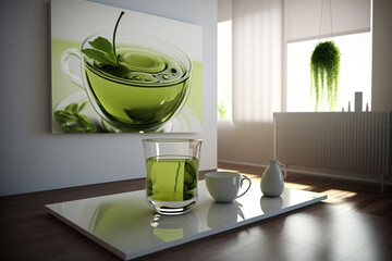Green tea pot, tea cup with simple modern interior, time for peace with sunshine and minimalistic background