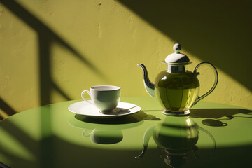 Green tea pot, tea cup with simple modern interior, time for peace with sunshine and minimalistic background