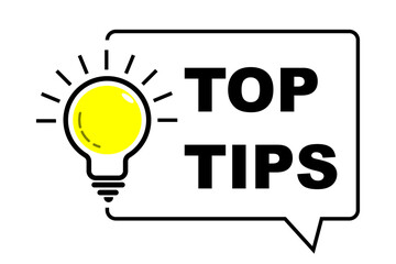 Top Tips icon and Light bulb with sparkle rays shine. Idea sign thinking solution. Idea lamp tooltip trivia. Great idea badge. helpful advice tricks suggestion knowledge and study practice concept.