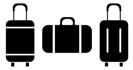 Travel bag icon. Baggage Suitcase bag icon. Backpack icon cabin luggage. black briefcase Trolley Bag with a handle. Summer vacation time tourism. Travel luggage symbol set.