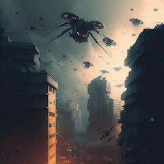 A swarm of drones attacking a major city.