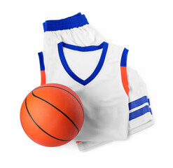 Basketball uniform and ball on white background, top view