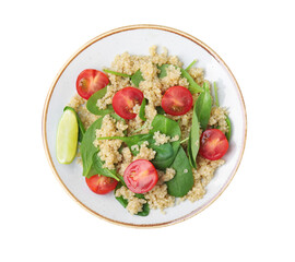 Plate of delicious quinoa salad with tomatoes and spinach leaves isolated on white, top view
