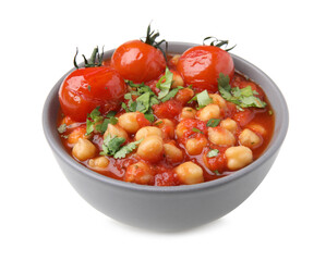 Delicious chickpea curry in bowl isolated on white