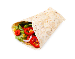 Delicious hummus wrap with vegetables isolated on white