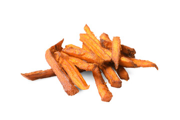 Delicious sweet potato fries on white background