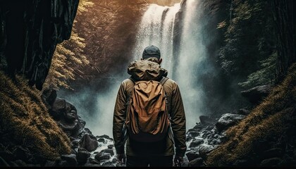 Rear view of a man in front of a waterfall. Generative AI illustration. 