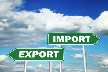 Road sign with Import and Export words on arrows pointing in opposite directions against sky