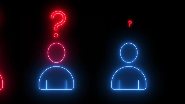  loop animation on black background neon lights people human ico with question mark symbol above head