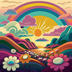 Retro hippie 70s style groovy spring or summer poster with flowers and