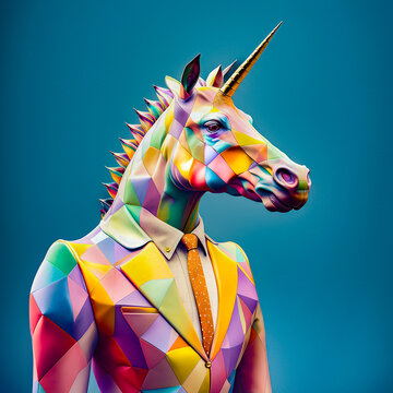 Portrait d'homme licorne avec une t&ecirc;te de cheval habill&eacute; en costume color&eacute;  - G&eacute;n&eacute;rative IA