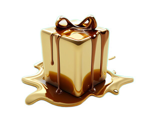 Gift with melting gold box and gold ribbon on isolated transparent background suitable for retouch design. Generative AI