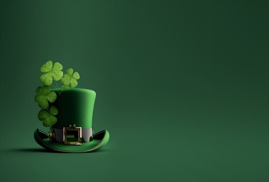 Fondo verde de render realista de sombrero de duende elfo con treboles de la suerte. D&iacute;a de San Patricio. Generado con tecnolog&iacute;a de IA