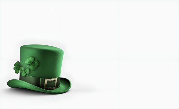 Fondo claro de render realista de sombrero de duende elfo con treboles de la suerte. D&iacute;a de San Patricio. Generado con tecnolog&iacute;a de IA