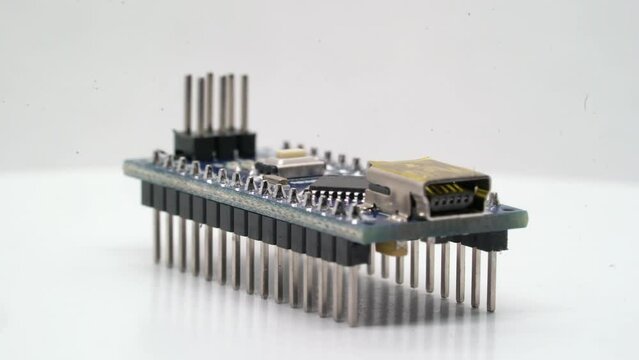 Arduino nano electronic component. Small single board computer, device for study