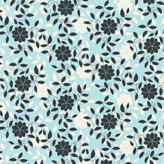 A seamless pattern with blue flowers on a light blue background.

